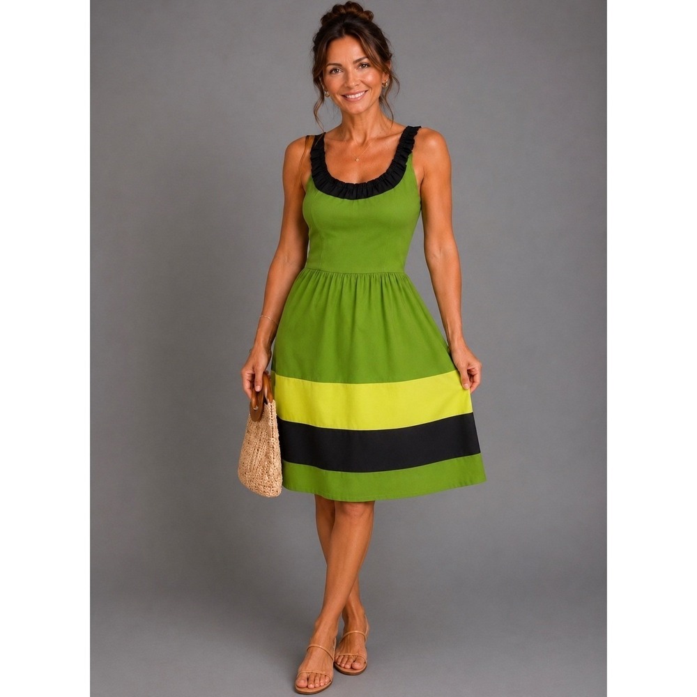 Kensie Pretty Green Striped 100% Silk Sleeveless Fit & Flare Dress Size Small